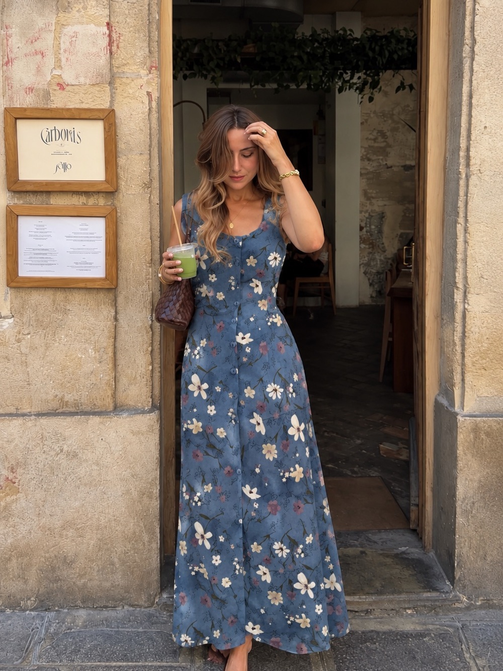 Vintage Blue Floral Button Front Maxi Dress Cottagecore Boho 90s